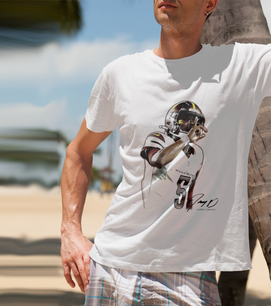 Washington Commanders Jayden Daniels Quarterback Finger To Lips Photo Cutout T-Shirt
