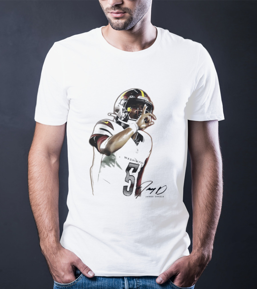 Washington Commanders Jayden Daniels Quarterback Finger To Lips Photo Cutout T-Shirt