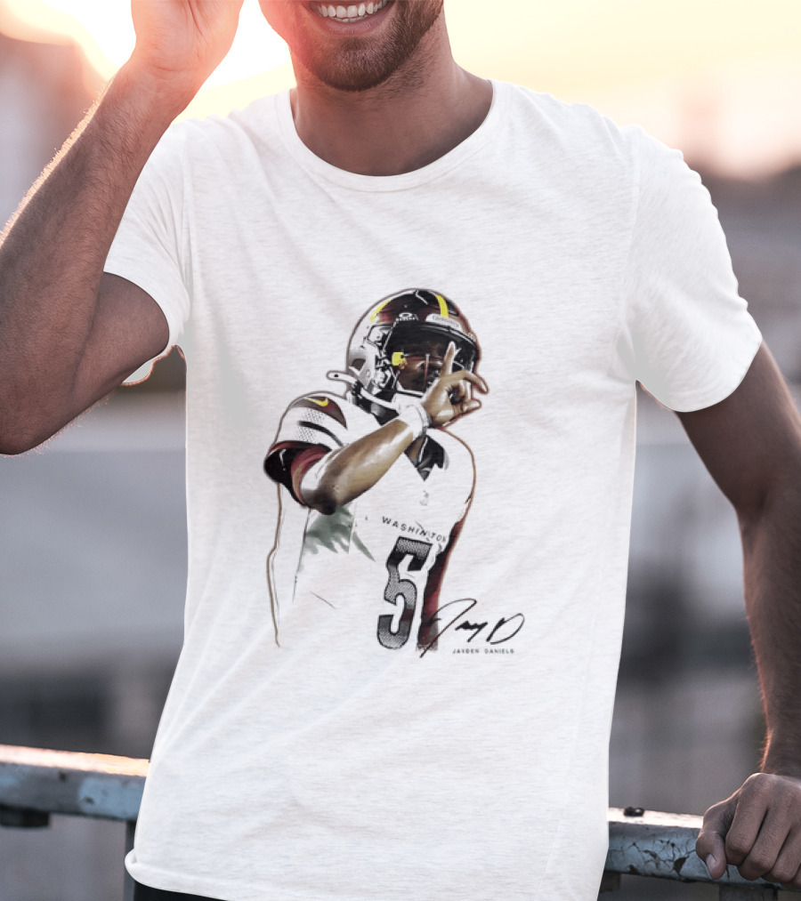 Washington Commanders Jayden Daniels Quarterback Finger To Lips Photo Cutout T-Shirt