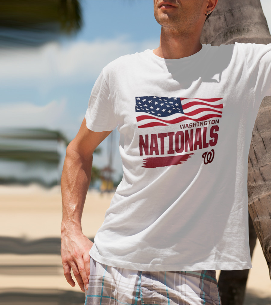 Washington Nationals Waving American Flag Red Brushstroke MLB T-Shirt