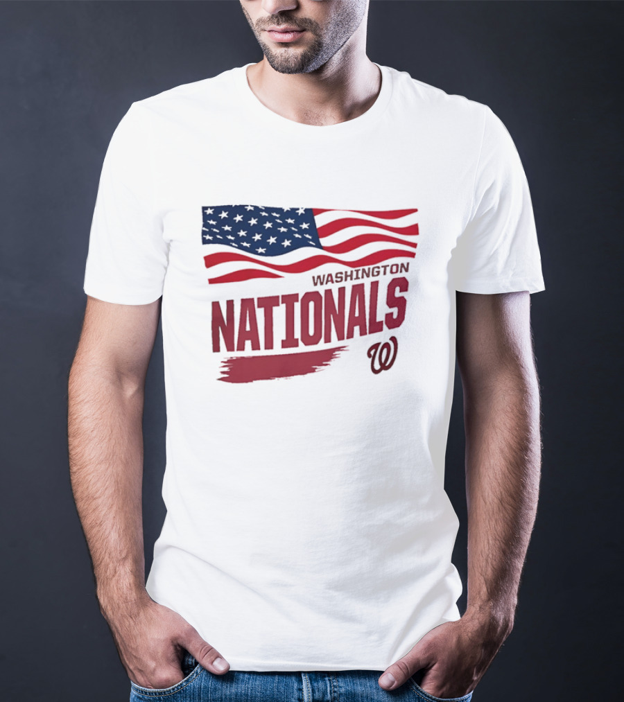 Washington Nationals Waving American Flag Red Brushstroke MLB T-Shirt