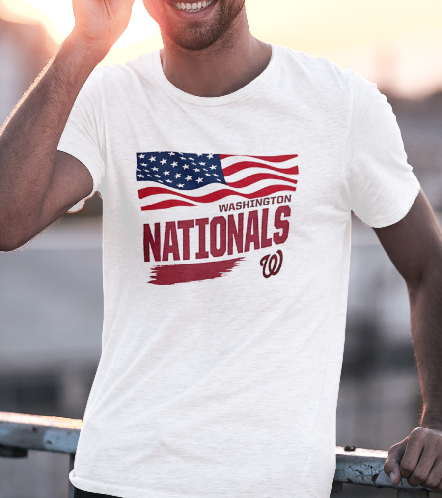 Washington Nationals Waving American Flag Red Brushstroke MLB T-Shirt