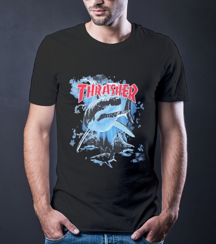 Thrasher Shark Blue Print Skateboarding T-Shirt