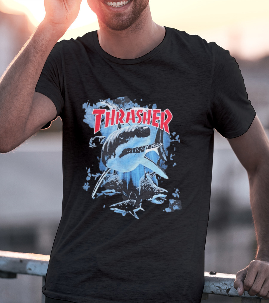 Thrasher Shark Blue Print Skateboarding T-Shirt