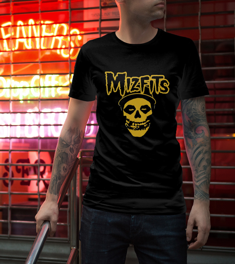 Mizfits Yellow Dripping Horror Font Skull In Baseball Cap T-Shirt
