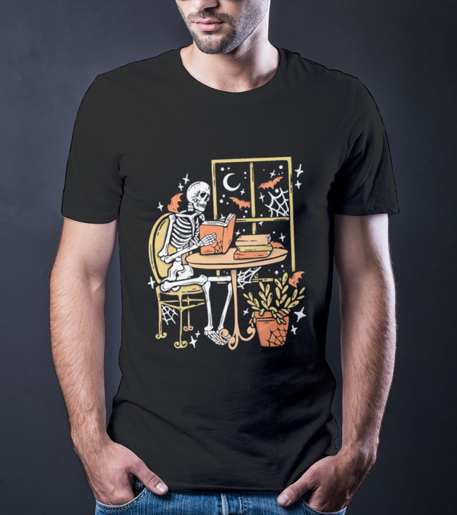 Cartoon Skeleton Reading Under Crescent Moon With Bats Orange Book Table Window T-Shirt