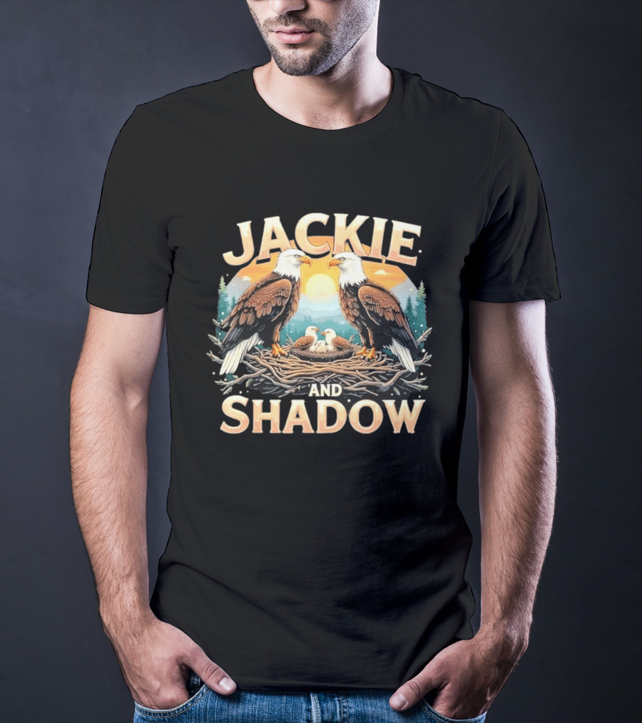 Jackie And Shadow American Eagles Family In Nest With Mountains And Sun T-Shirt