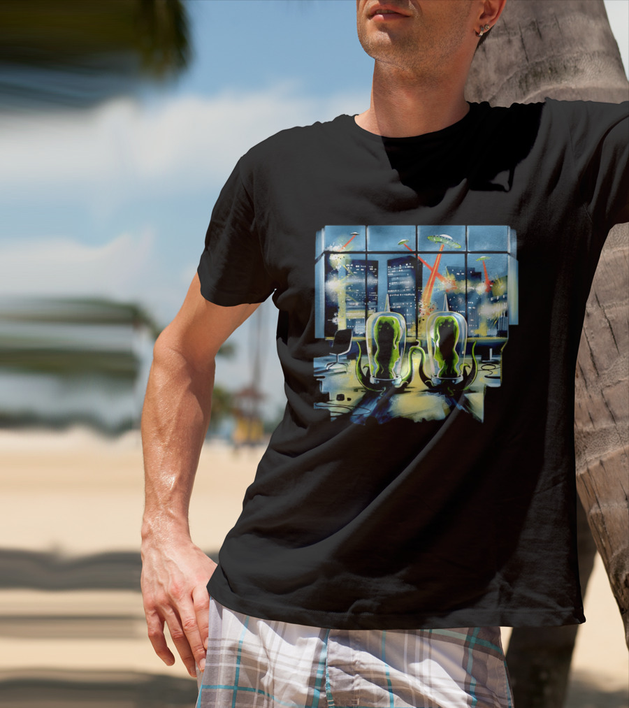Project Rigel Alien Invasion City Battle Scene With Flying Saucers And Lasers T-Shirt