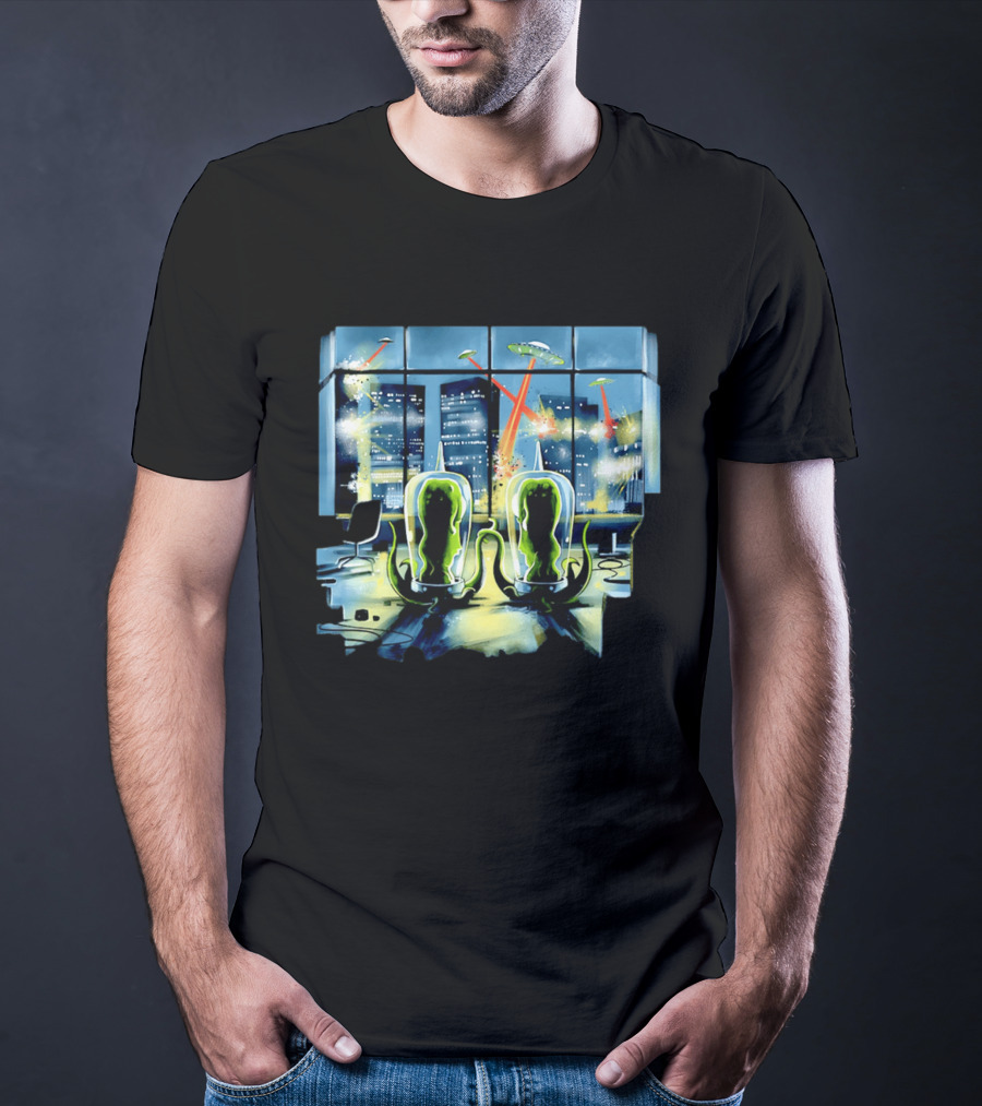Project Rigel Alien Invasion City Battle Scene With Flying Saucers And Lasers T-Shirt