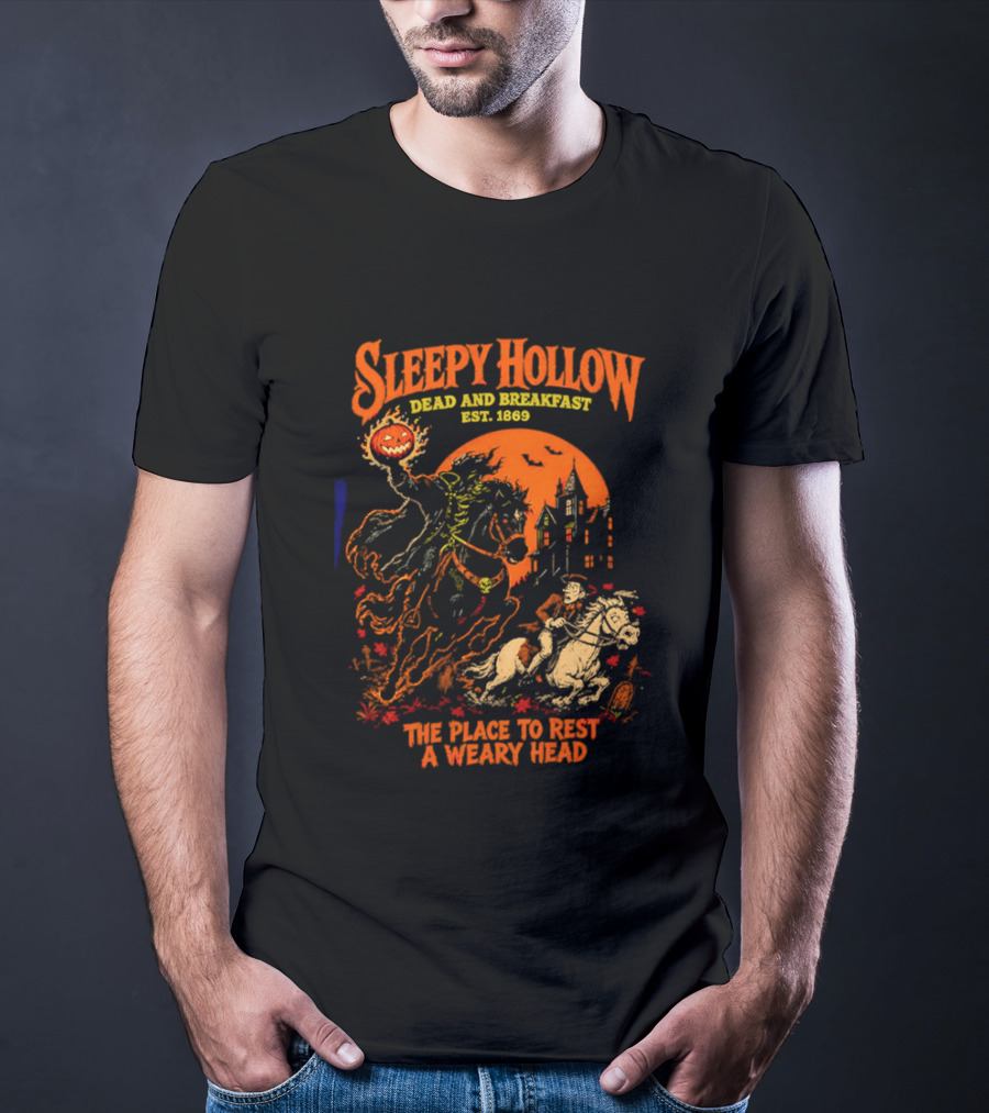 Sleepy Hollow Dead And Breakfast Est 1820 Headless Horseman The Place To Rest A Weary Head Halloween Pumpkin T-Shirt