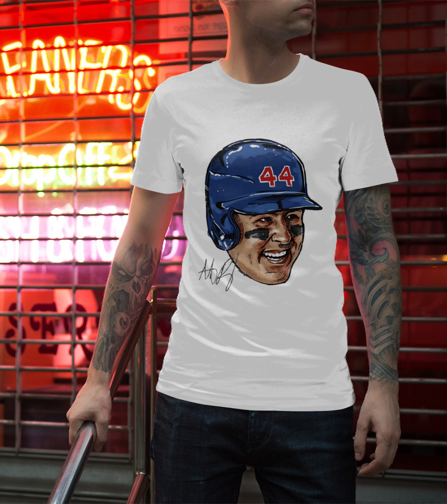 Anthony Rizzo 44 Blue Helmet Halftone Caricature T-Shirt