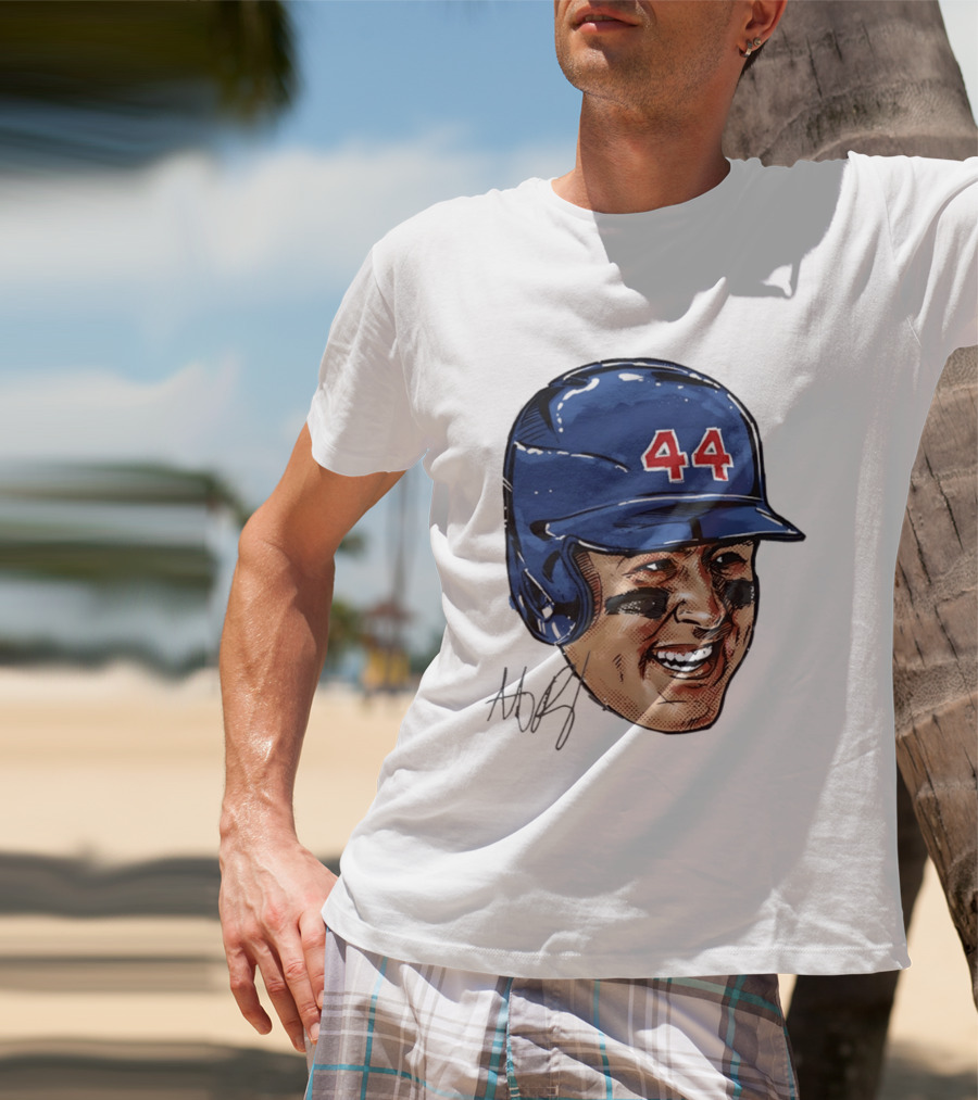 Anthony Rizzo 44 Blue Helmet Halftone Caricature T-Shirt
