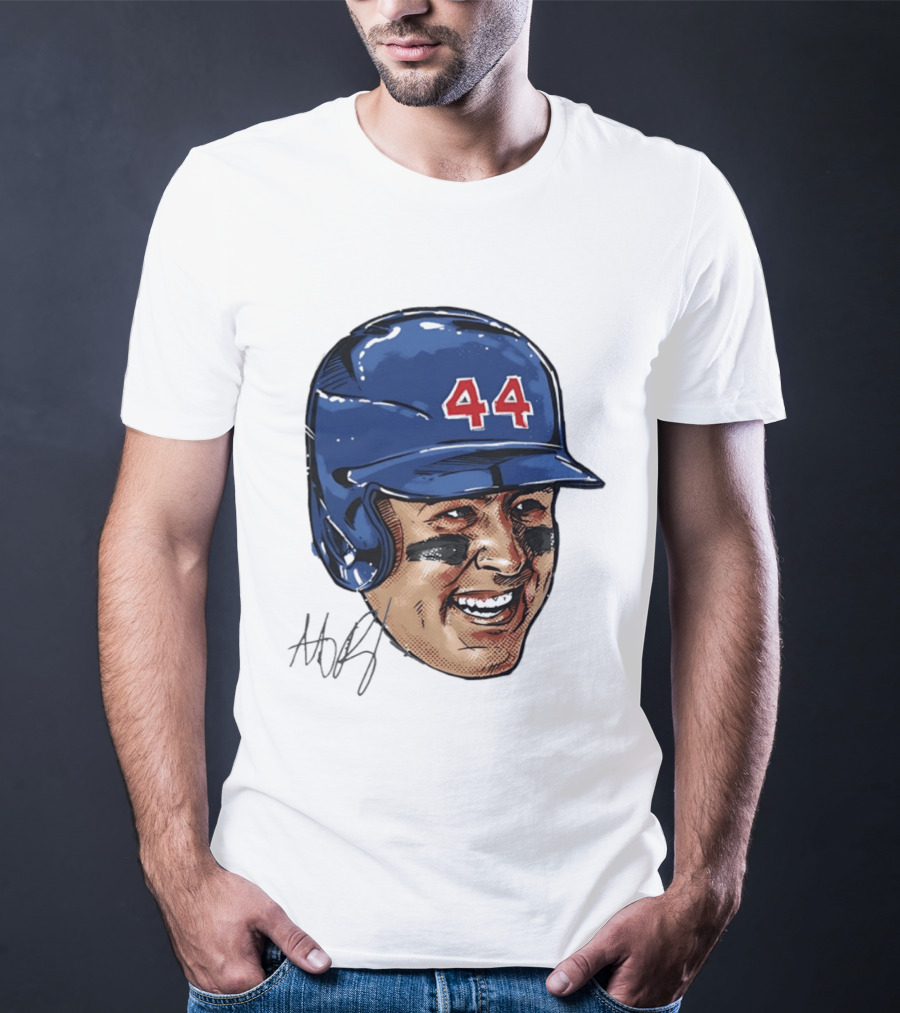 Anthony Rizzo 44 Blue Helmet Halftone Caricature T-Shirt