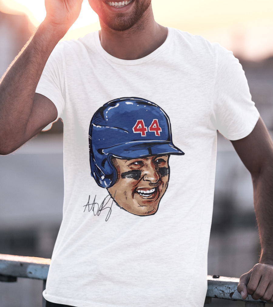 Anthony Rizzo 44 Blue Helmet Halftone Caricature T-Shirt