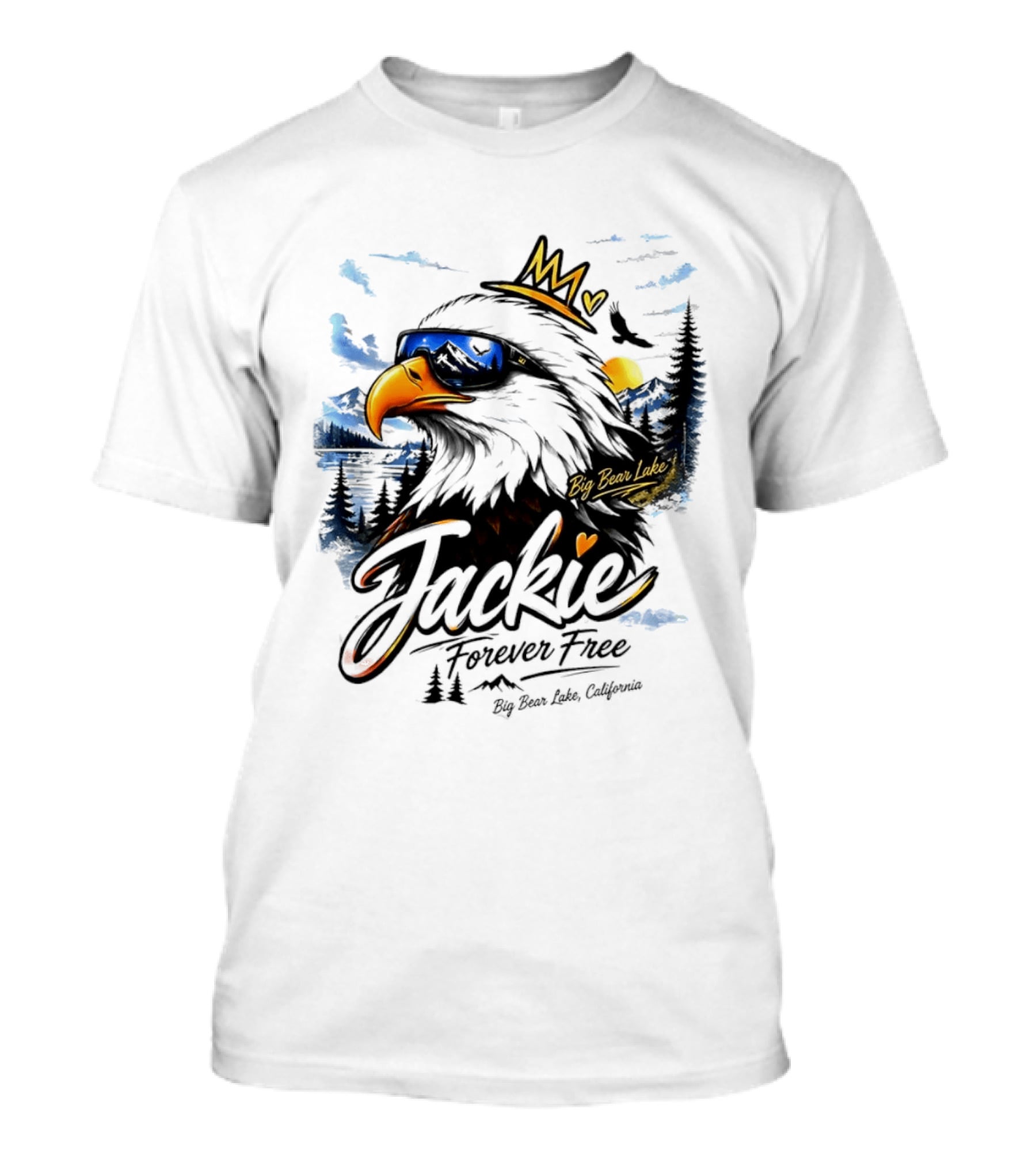 Jackie Forever Free Crowned Eagle Big Bear Lake California Sunglasses Sun Mountains T-Shirt