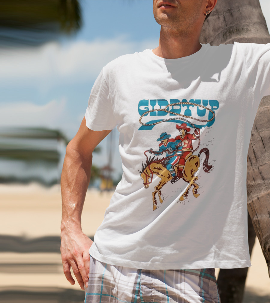Calgary Flames Edmonton Oilers NHL Hockey Players Giddyup Cartoon Riding Bucking Horse Lasso T-Shirt