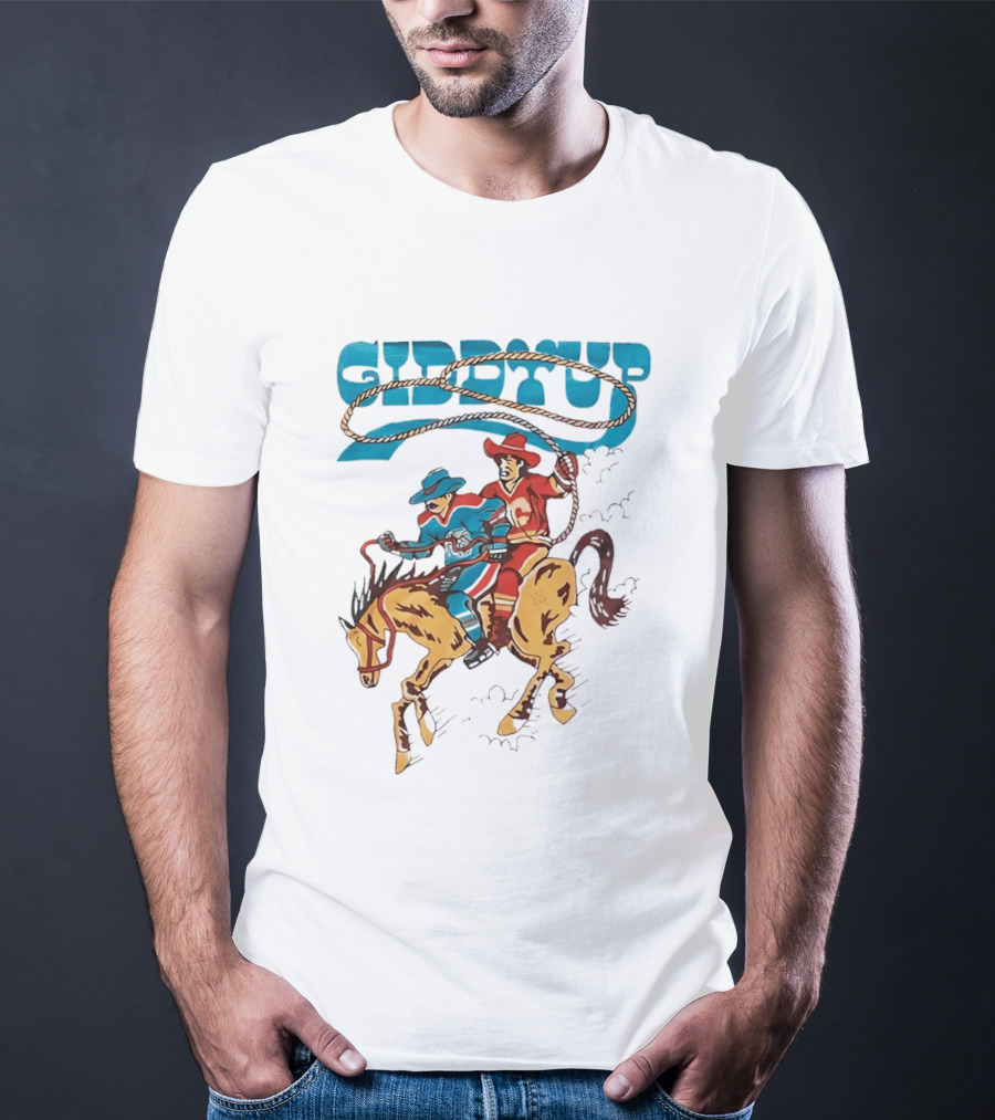 Calgary Flames Edmonton Oilers NHL Hockey Players Giddyup Cartoon Riding Bucking Horse Lasso T-Shirt