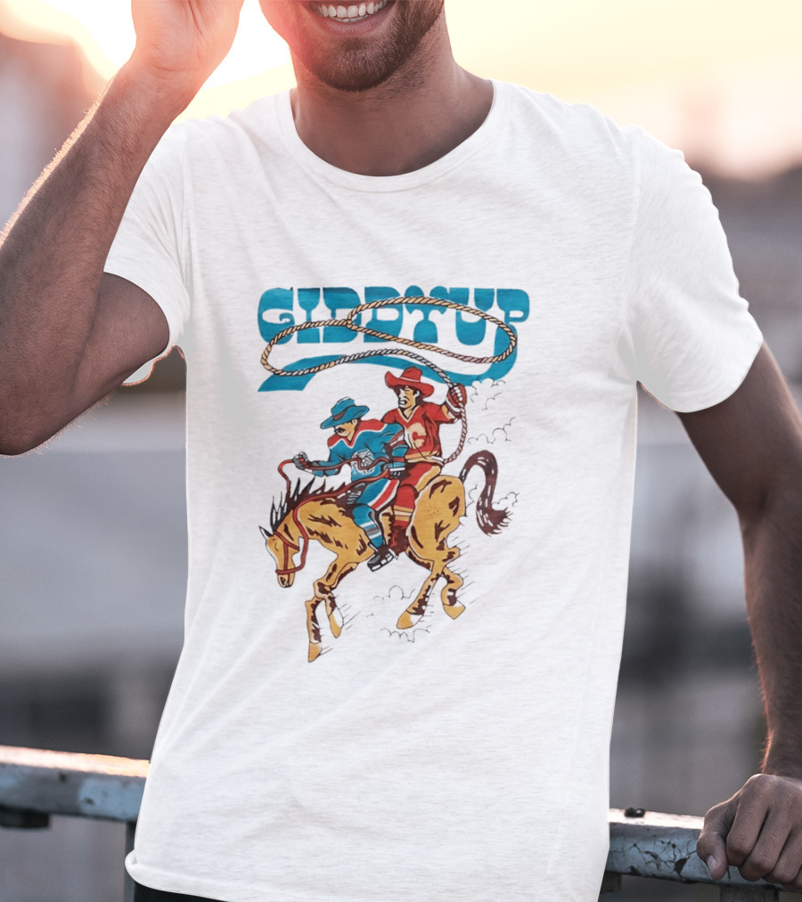 Calgary Flames Edmonton Oilers NHL Hockey Players Giddyup Cartoon Riding Bucking Horse Lasso T-Shirt