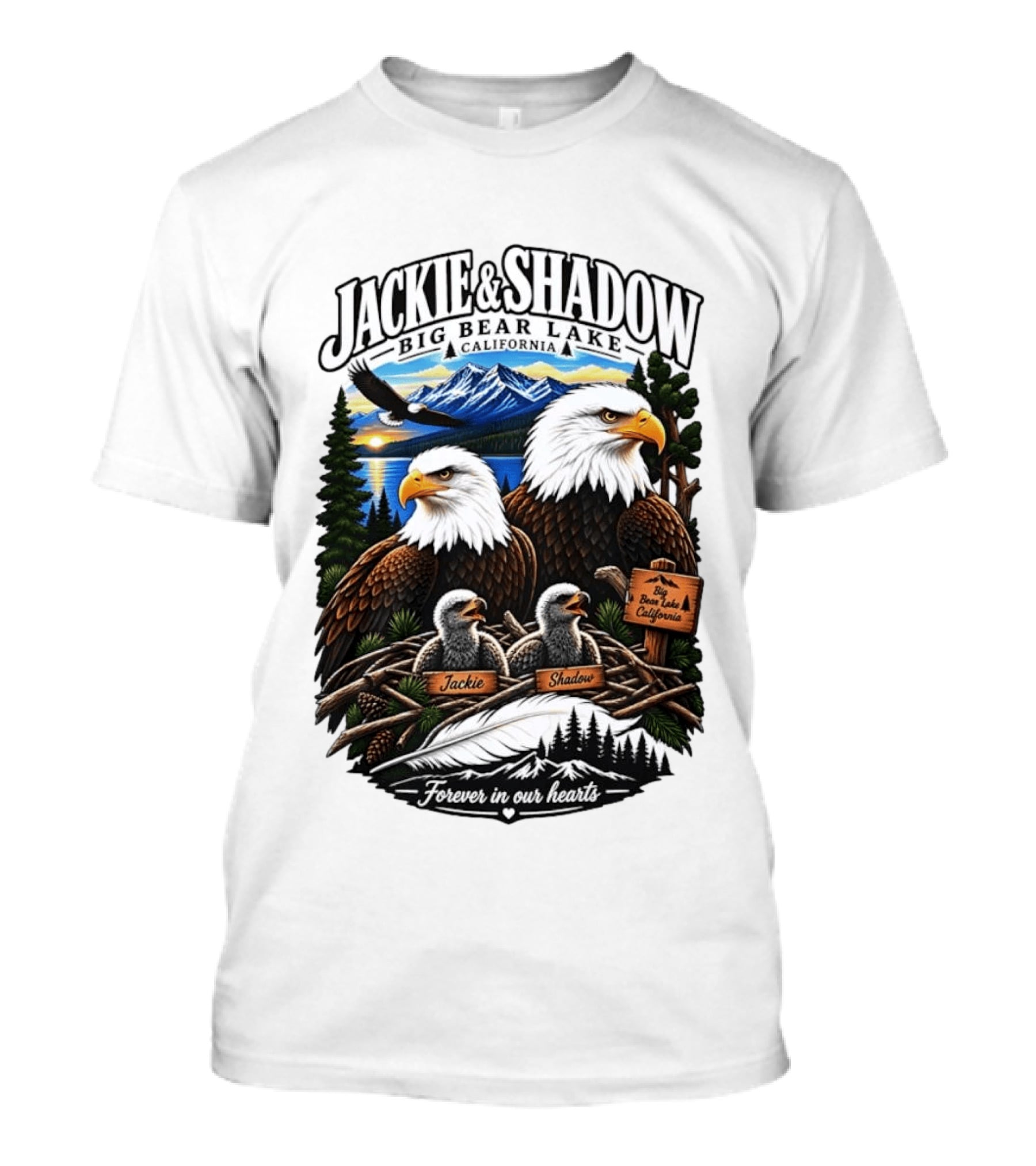 Jackie And Shadow Big Bear Lake California Bald Eagles Eaglets Nest Forever In Our Hearts Sunset Mountain T-Shirt