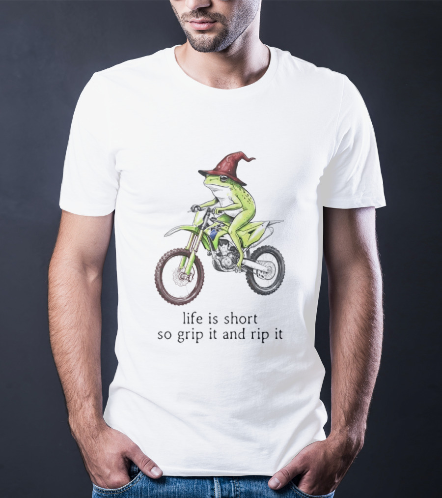 Life Is Short So Grip It And Rip It Frog Red Wizard Hat Green Dirt Bike Adventure T-Shirt