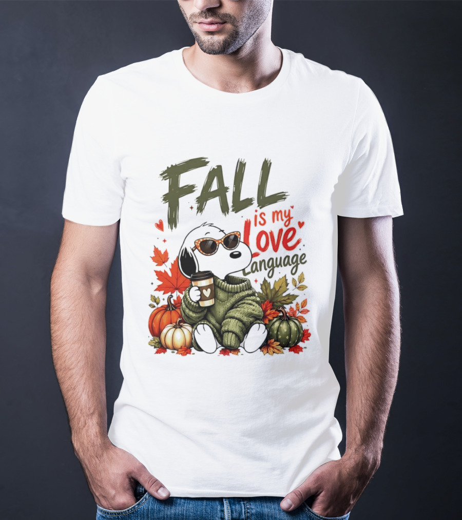 Fall Is My Love Language Cartoon Dog Cozy Green Sweater Pumpkins Leaves Coffee T-Shirt