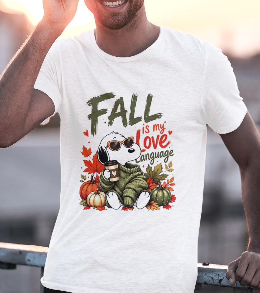 Fall Is My Love Language Cartoon Dog Cozy Green Sweater Pumpkins Leaves Coffee T-Shirt