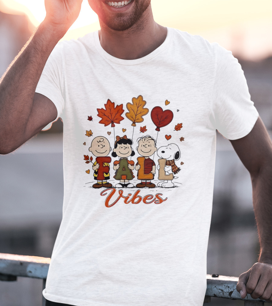 Fall Vibes Peanuts Characters With Leaf Balloons T-Shirt