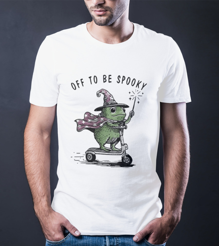 Frog Wizard On Scooter With Cape Off To Be Spooky Magic Wand T-Shirt