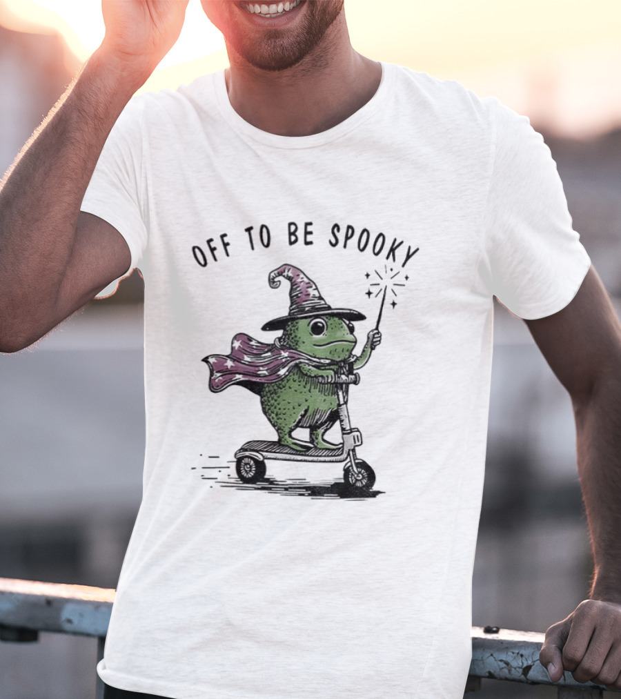 Frog Wizard On Scooter With Cape Off To Be Spooky Magic Wand T-Shirt