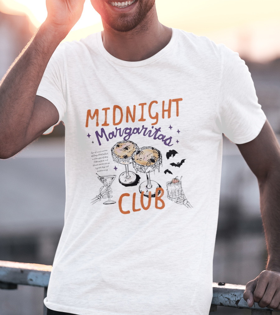 Midnight Margaritas Club Spooky Cocktail Skeleton Hands Bats And Spiderwebs T-Shirt