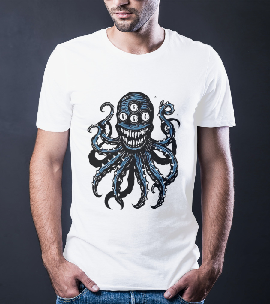 Monstrous Spiky Tentacles Blue Octopus Woodcut T-Shirt