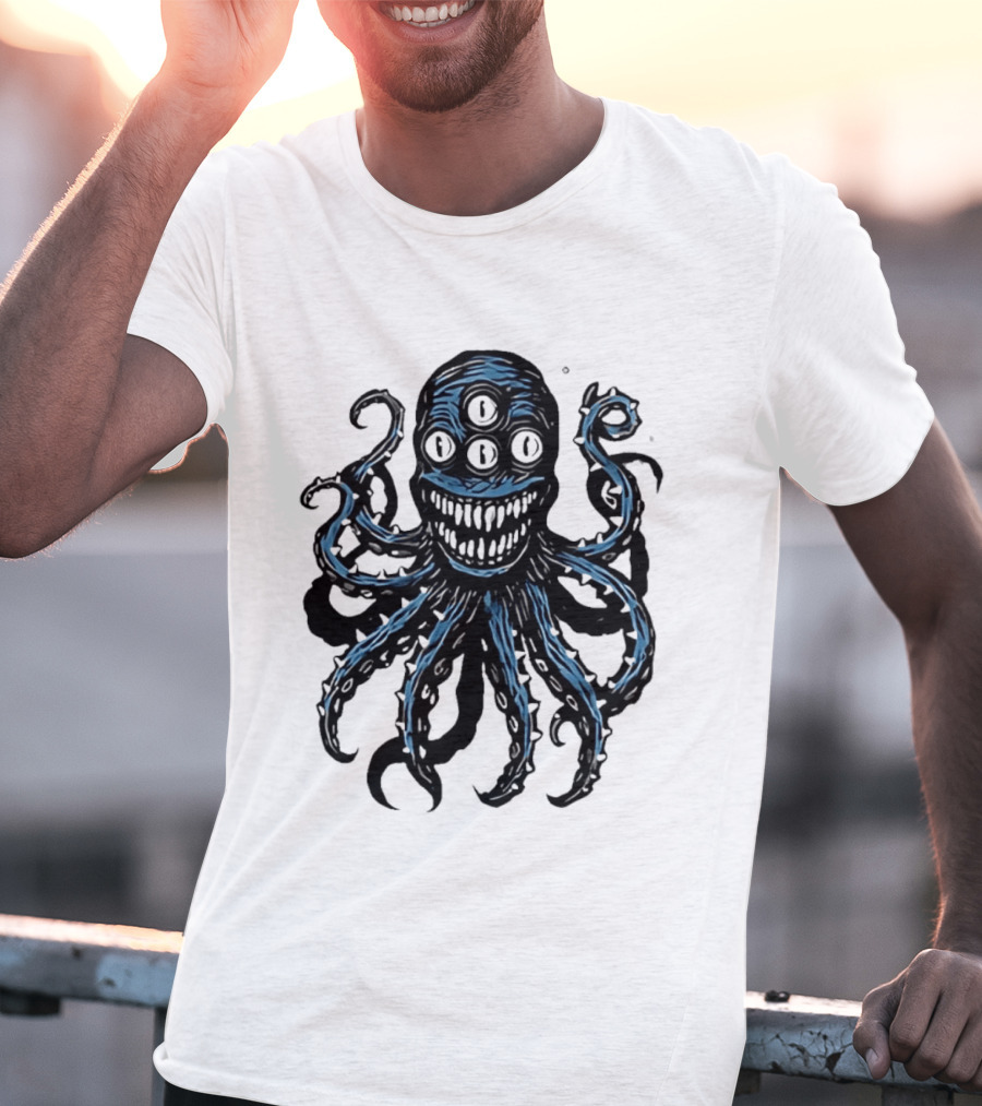 Monstrous Spiky Tentacles Blue Octopus Woodcut T-Shirt
