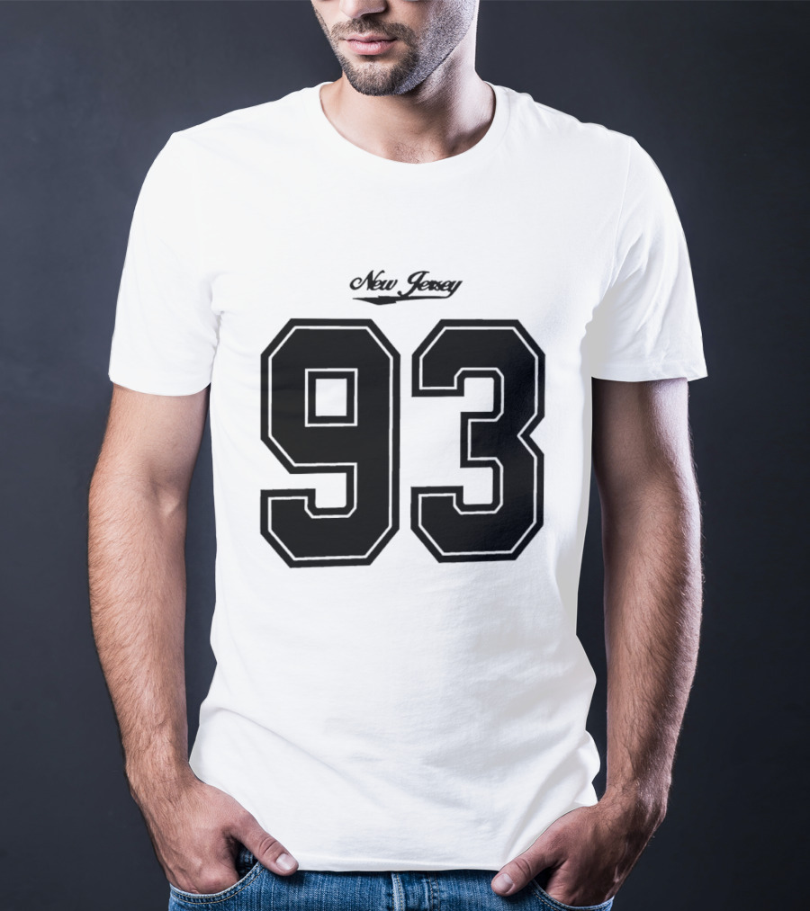 New Jersey 93 Cursive Script Black Varsity Block Number T-Shirt