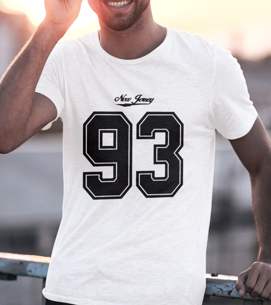 New Jersey 93 Cursive Script Black Varsity Block Number T-Shirt