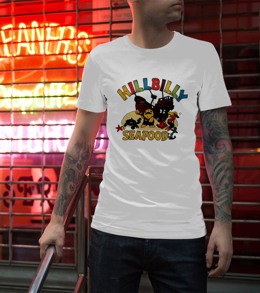 Hillbilly Seafood Cartoon Pirate Ship And Ocean Life Fish Adventure T-Shirt