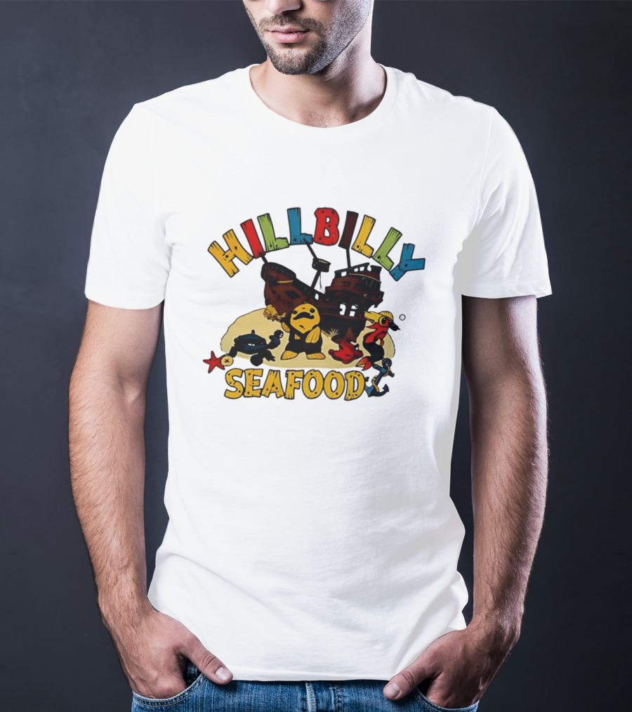 Hillbilly Seafood Cartoon Pirate Ship And Ocean Life Fish Adventure T-Shirt