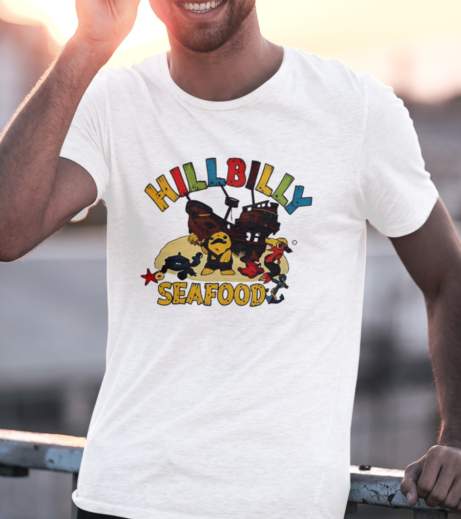 Hillbilly Seafood Cartoon Pirate Ship And Ocean Life Fish Adventure T-Shirt