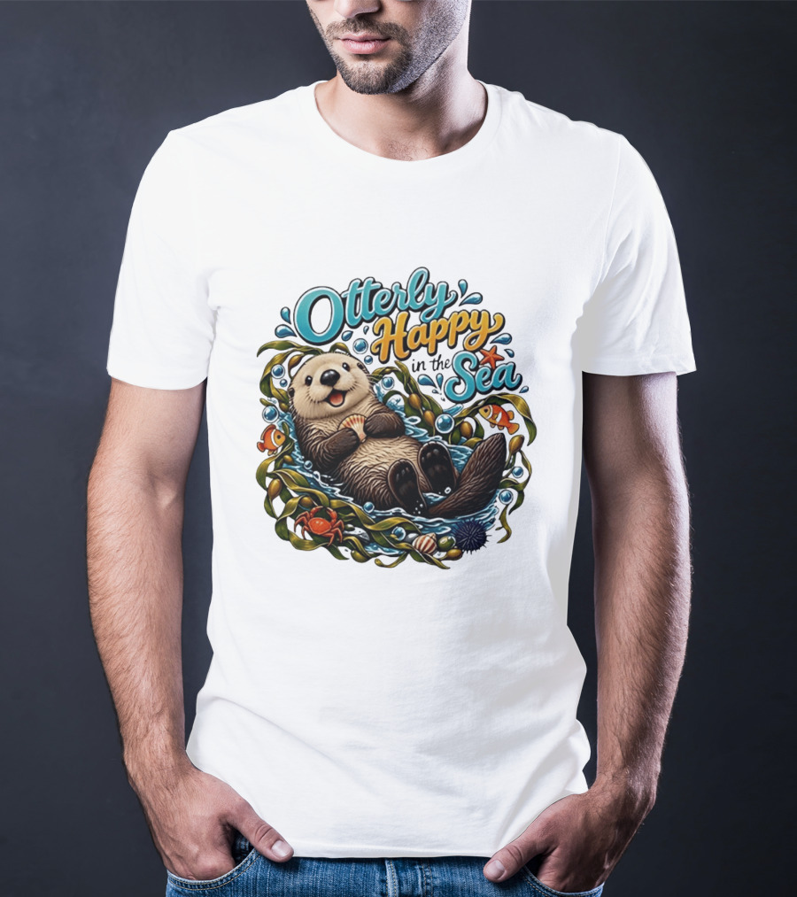 Otterly Happy In The Sea Cartoon Otter Floating With Kelp, Shell, Fish, Crab T-Shirt
