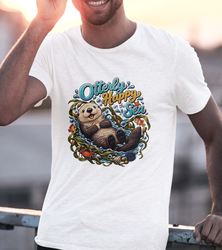 Otterly Happy In The Sea Cartoon Otter Floating With Kelp, Shell, Fish, Crab T-Shirt