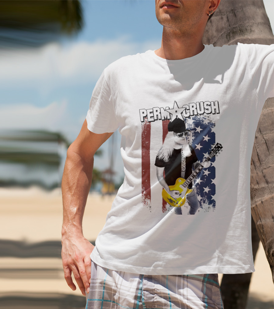Perm A Crush Long Blonde Hair Yellow Guitar American Flag T-Shirt