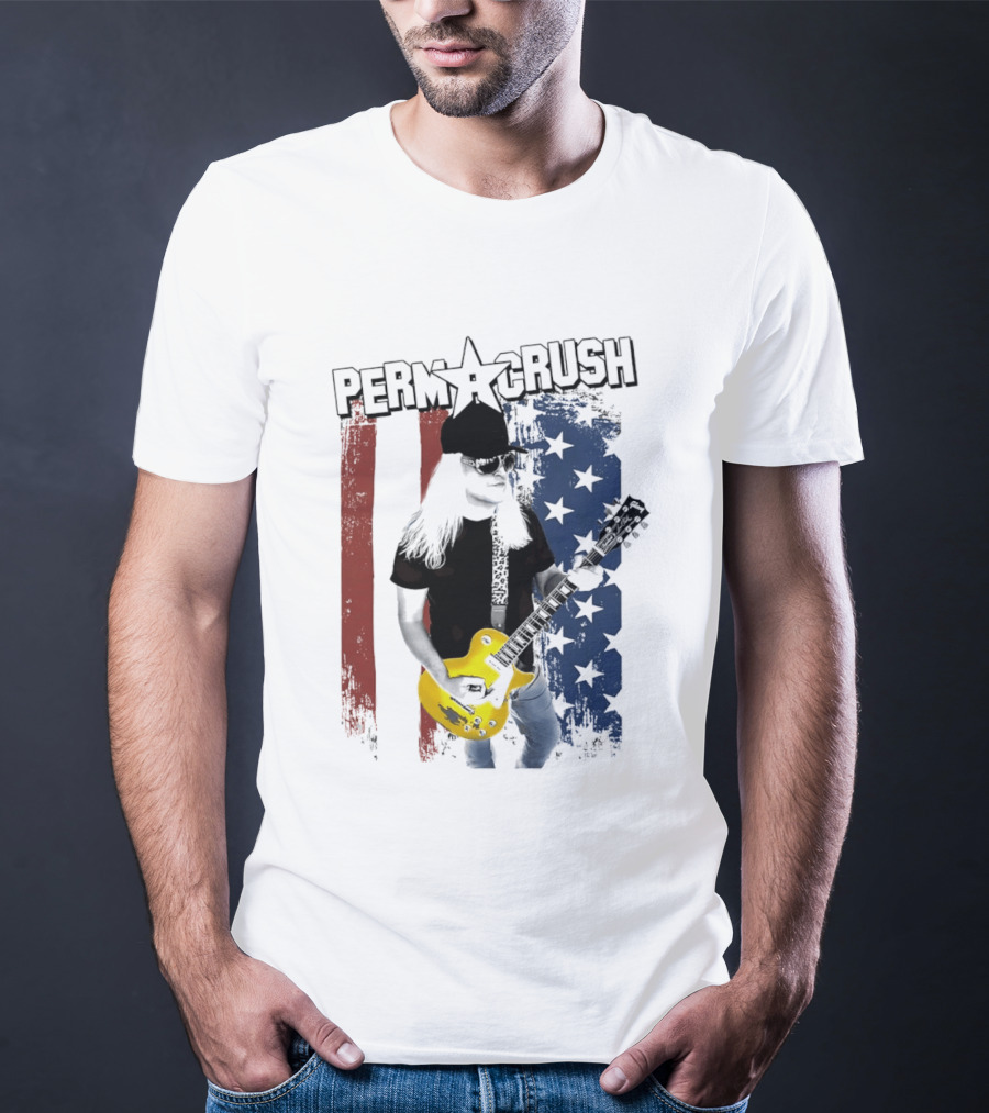 Perm A Crush Long Blonde Hair Yellow Guitar American Flag T-Shirt