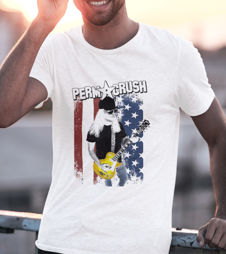 Perm A Crush Long Blonde Hair Yellow Guitar American Flag T-Shirt