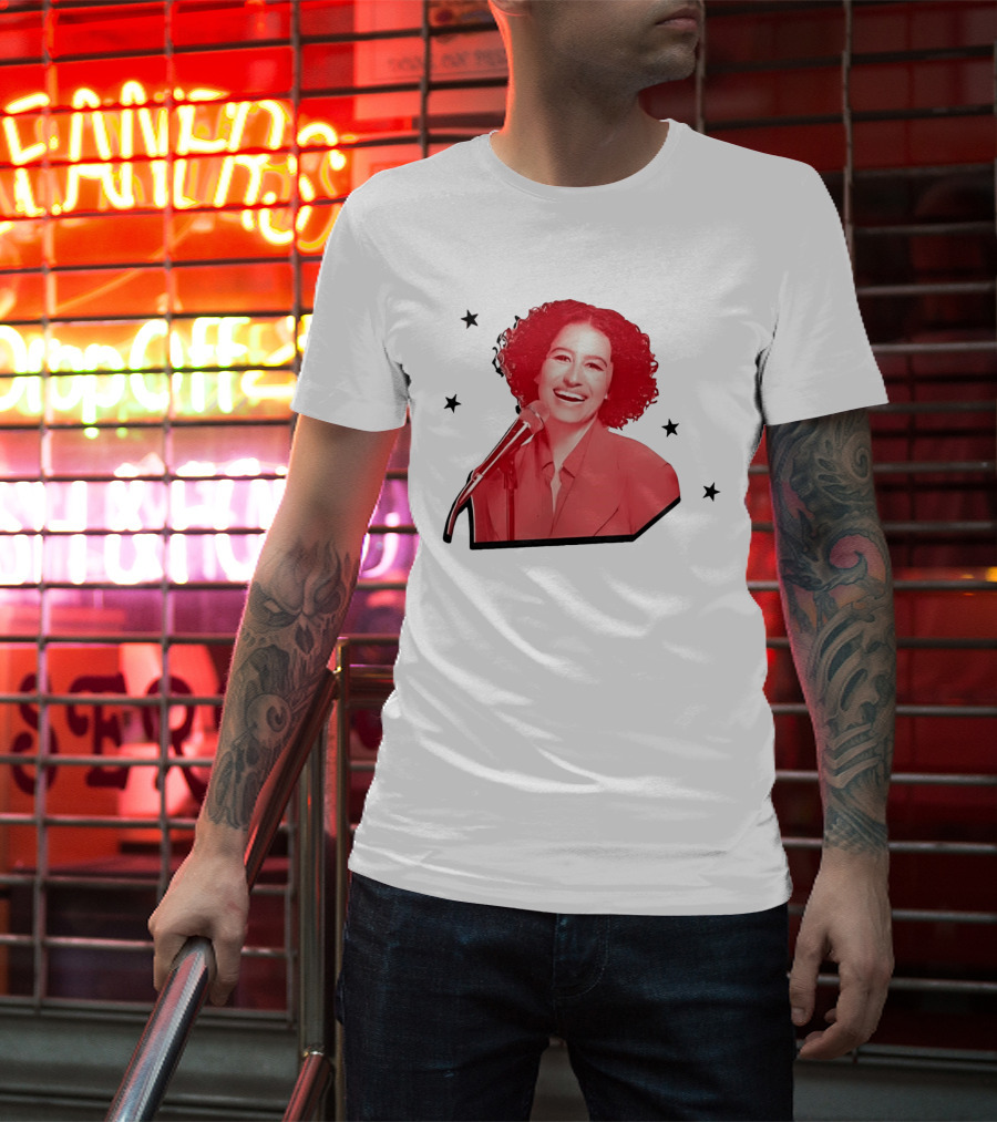 Red Tinted Woman Curly Hair Microphone Black Stars T-Shirt