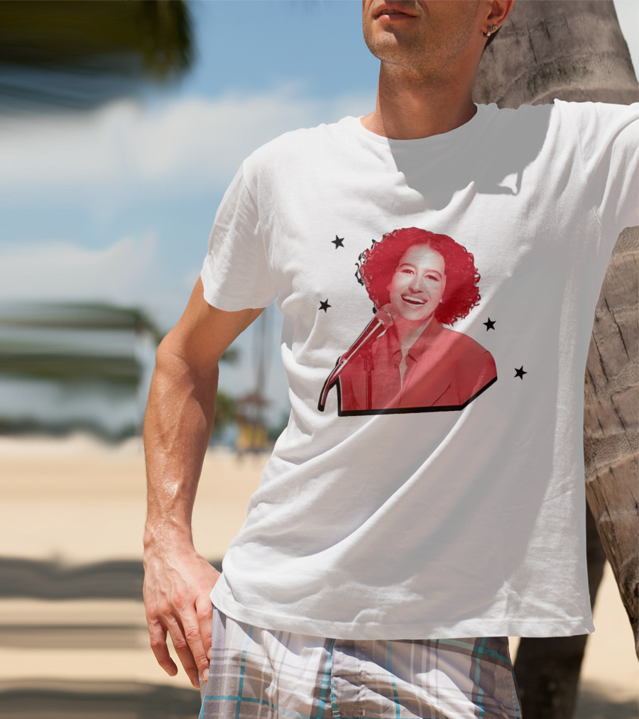 Red Tinted Woman Curly Hair Microphone Black Stars T-Shirt