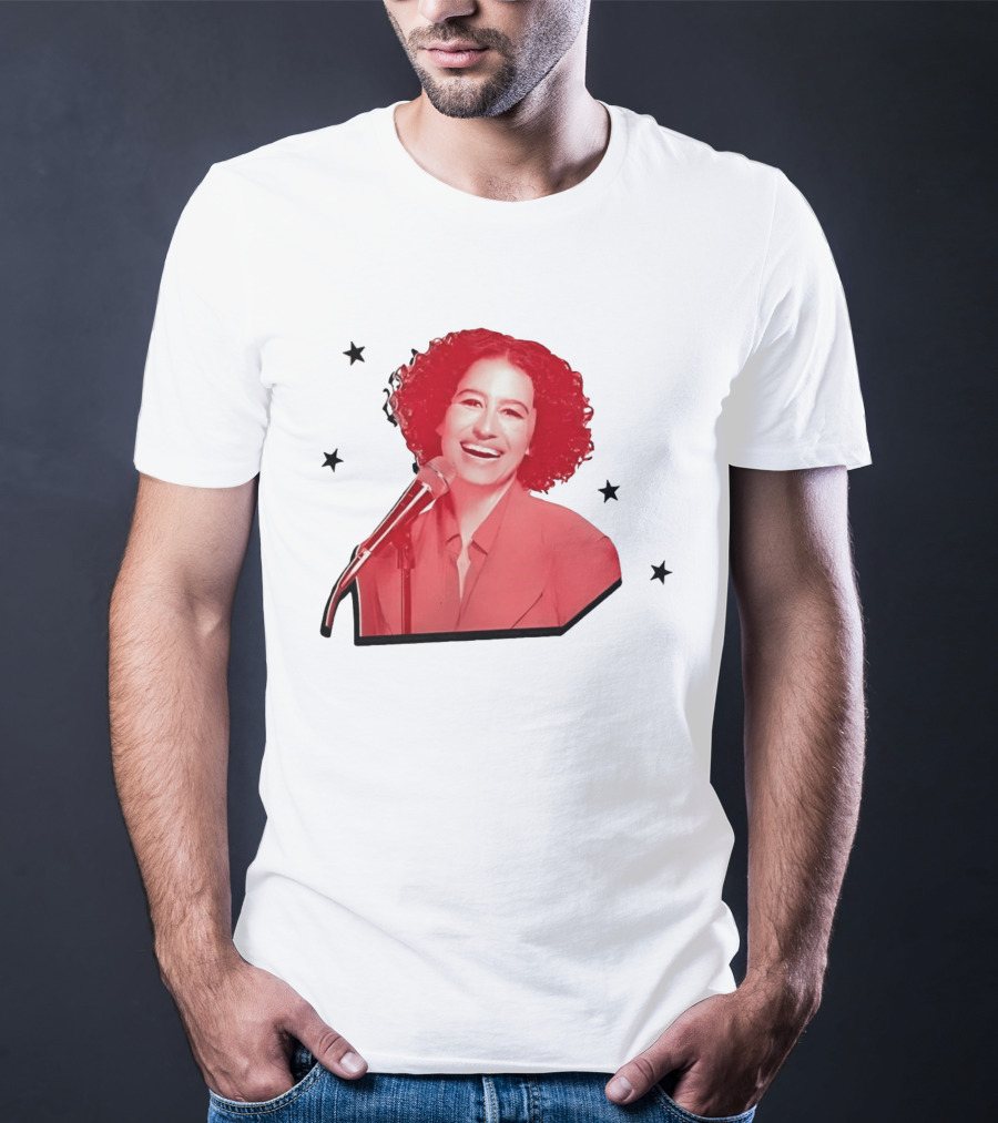 Red Tinted Woman Curly Hair Microphone Black Stars T-Shirt