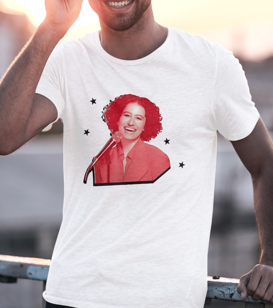 Red Tinted Woman Curly Hair Microphone Black Stars T-Shirt