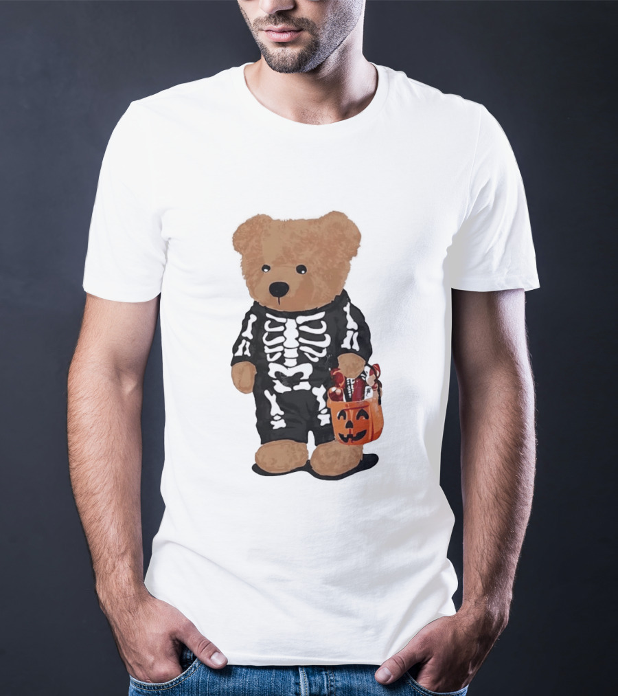 Teddy Bear Skeleton Costume Jack O Lantern Pumpkin Candy Cartoon T-Shirt