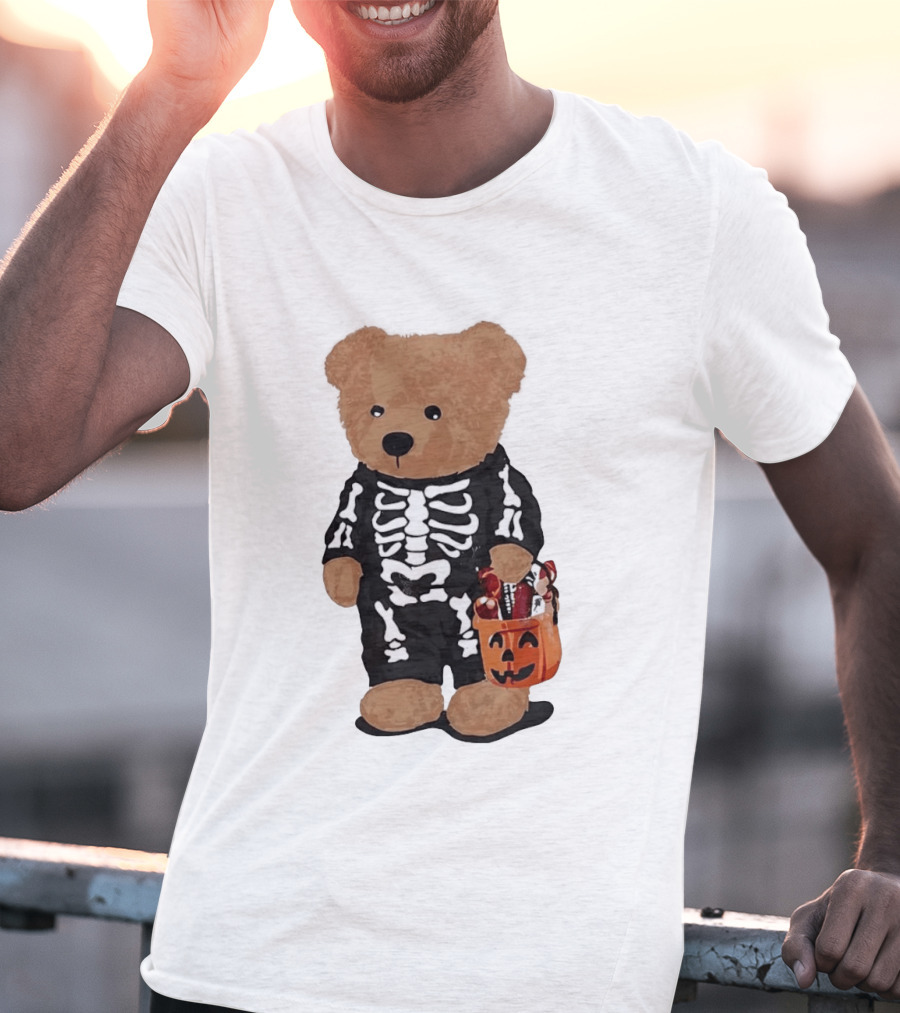 Teddy Bear Skeleton Costume Jack O Lantern Pumpkin Candy Cartoon T-Shirt