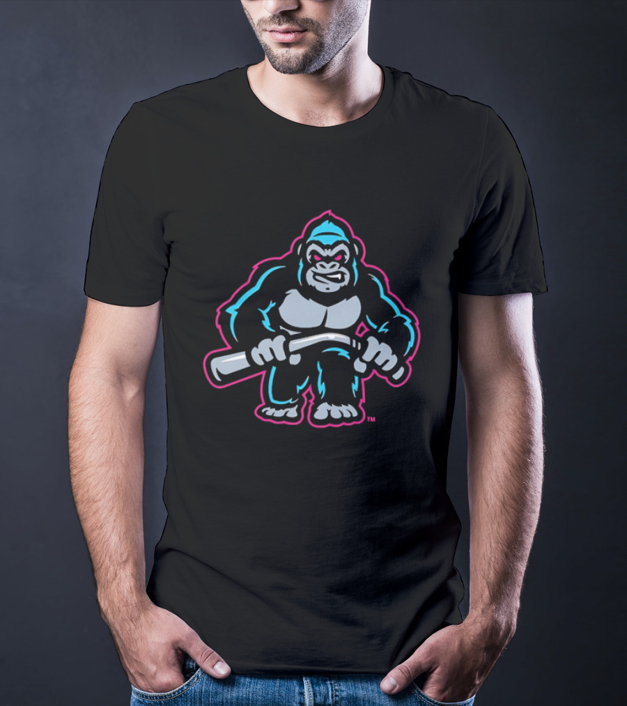 Aggressive Gorilla With Hockey Stick Neon T-Shirt