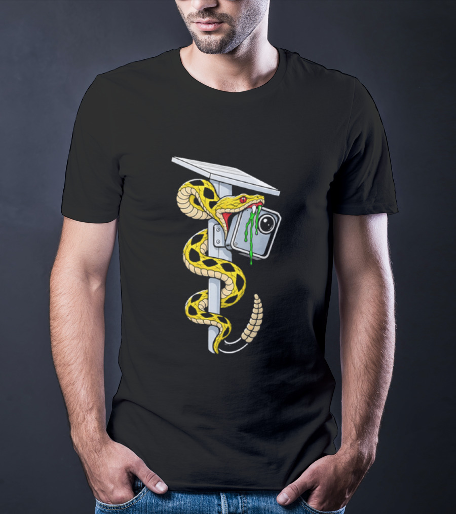 Cartoon Yellow Rattlesnake Biting Security Camera Solar Panel Pole Dripping Venom T-Shirt